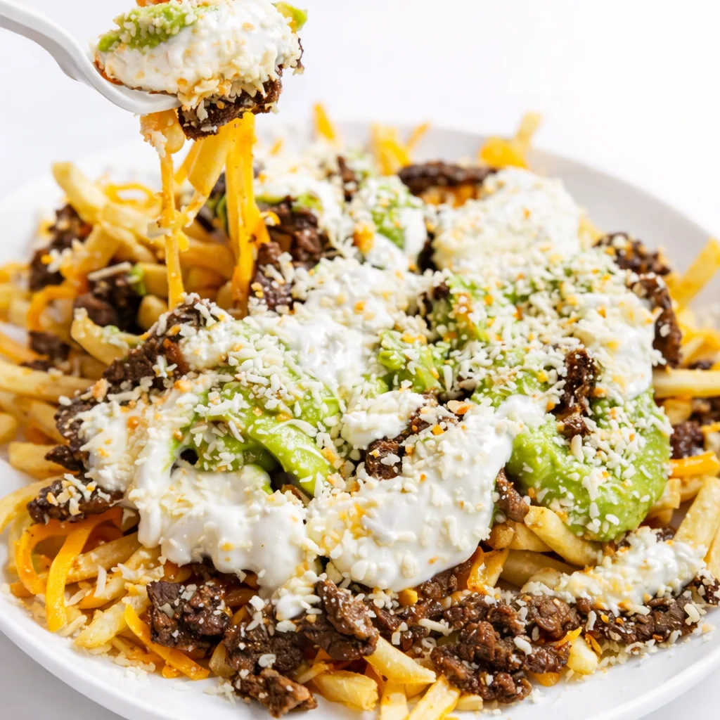 Loaded carne asada fries with melted cheese, guacamole, and sour cream