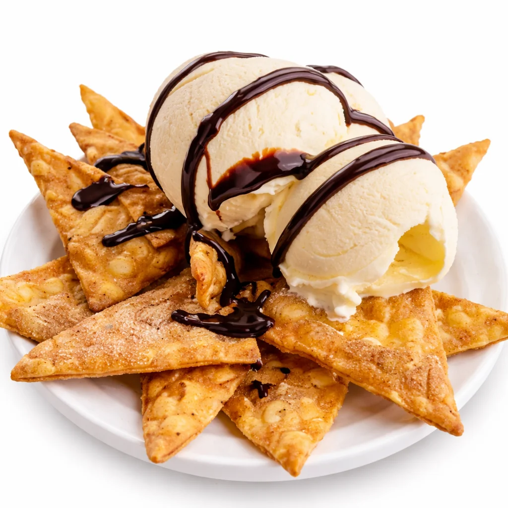 Crispy tortilla dessert with ice cream and chocolate sauce