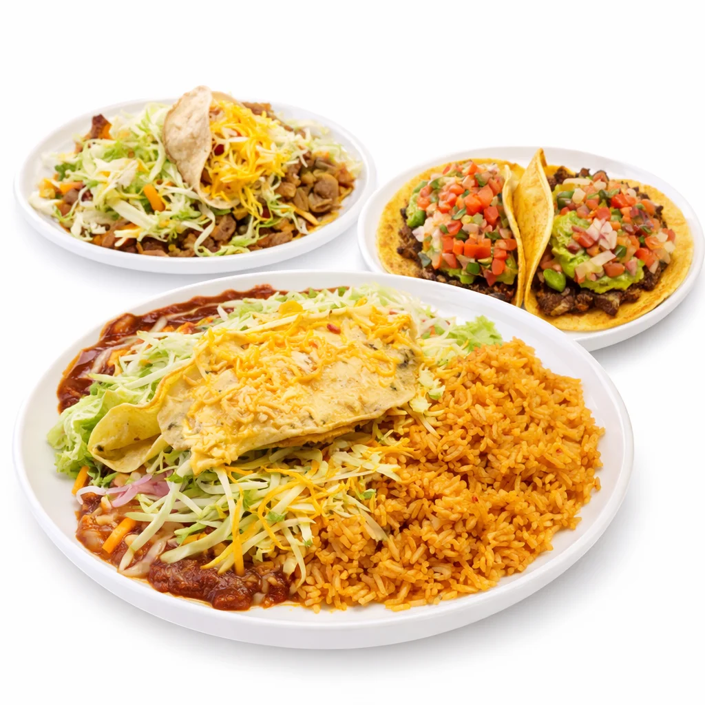 Mexican combo plate with taco, enchilada, rice, and beans
